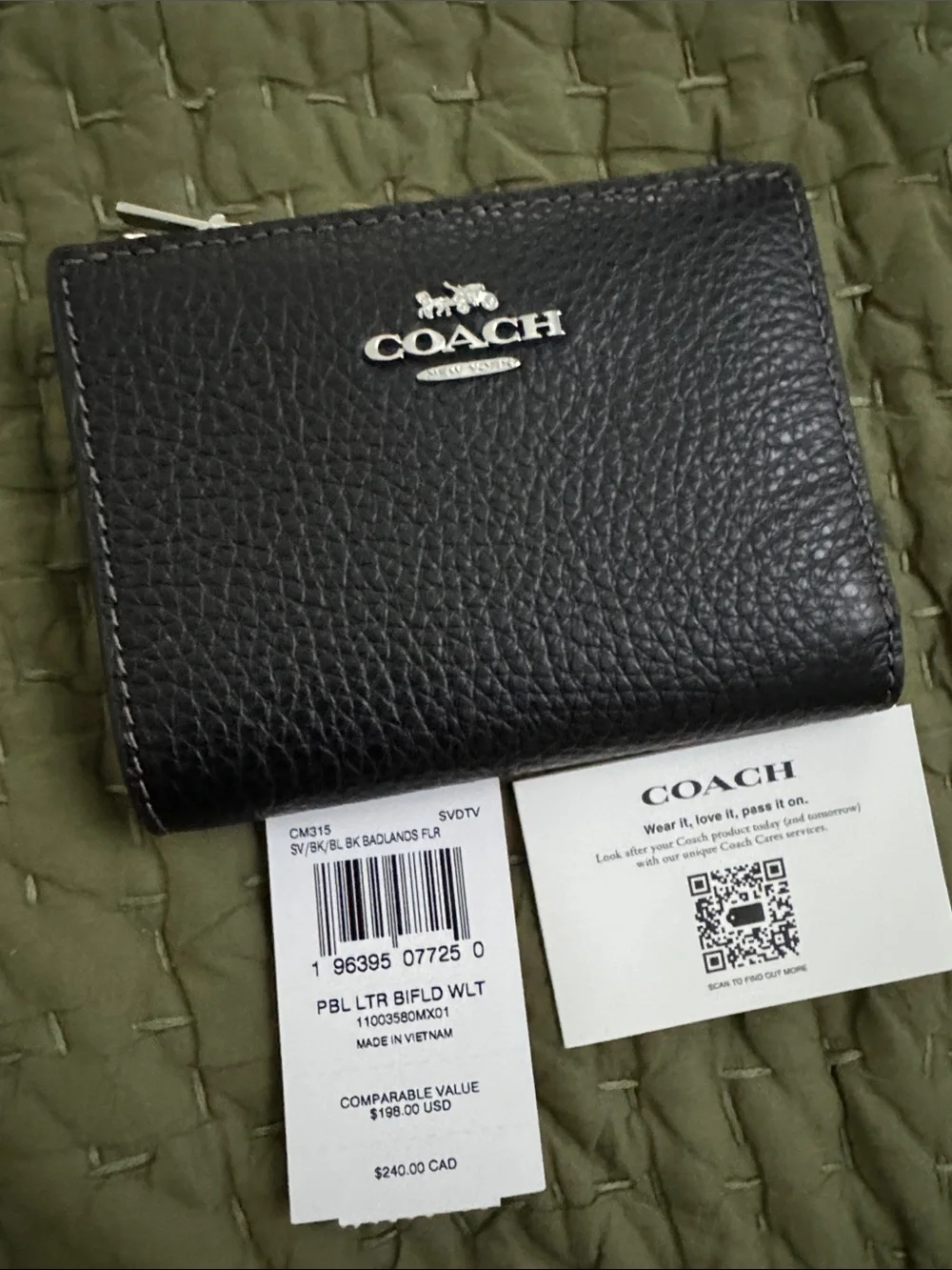Coach Black Pebbled Leather Bi-fold Zip Wallet